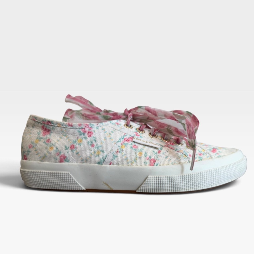 Superga x LoveShackFancy Sneakers Womens 39 White Floral Canvas Ribbon Laces
